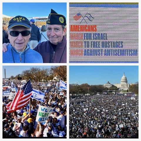 Images of numerous people gathering at Washington, D.C. supporting Israel during a rally.